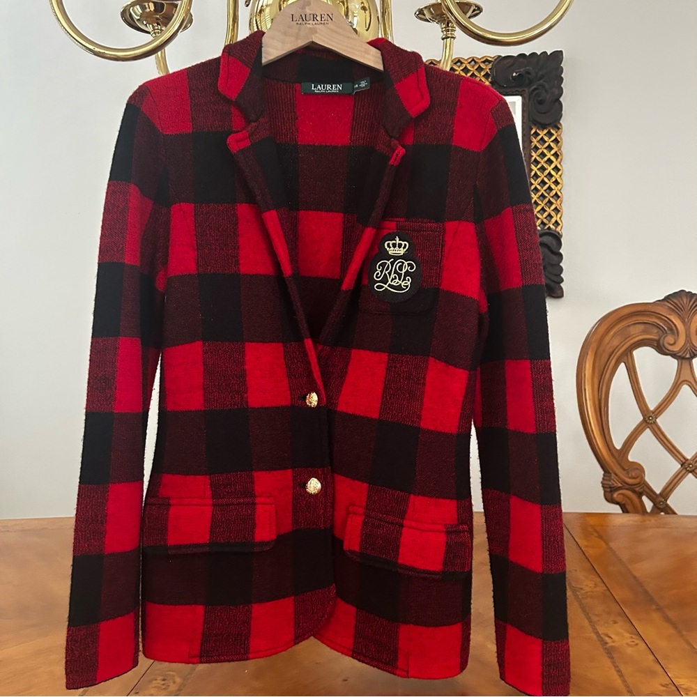 Ralph Lauren Buffalo Check Plaid knit Sweater Jacket 100% Wool . Size XS